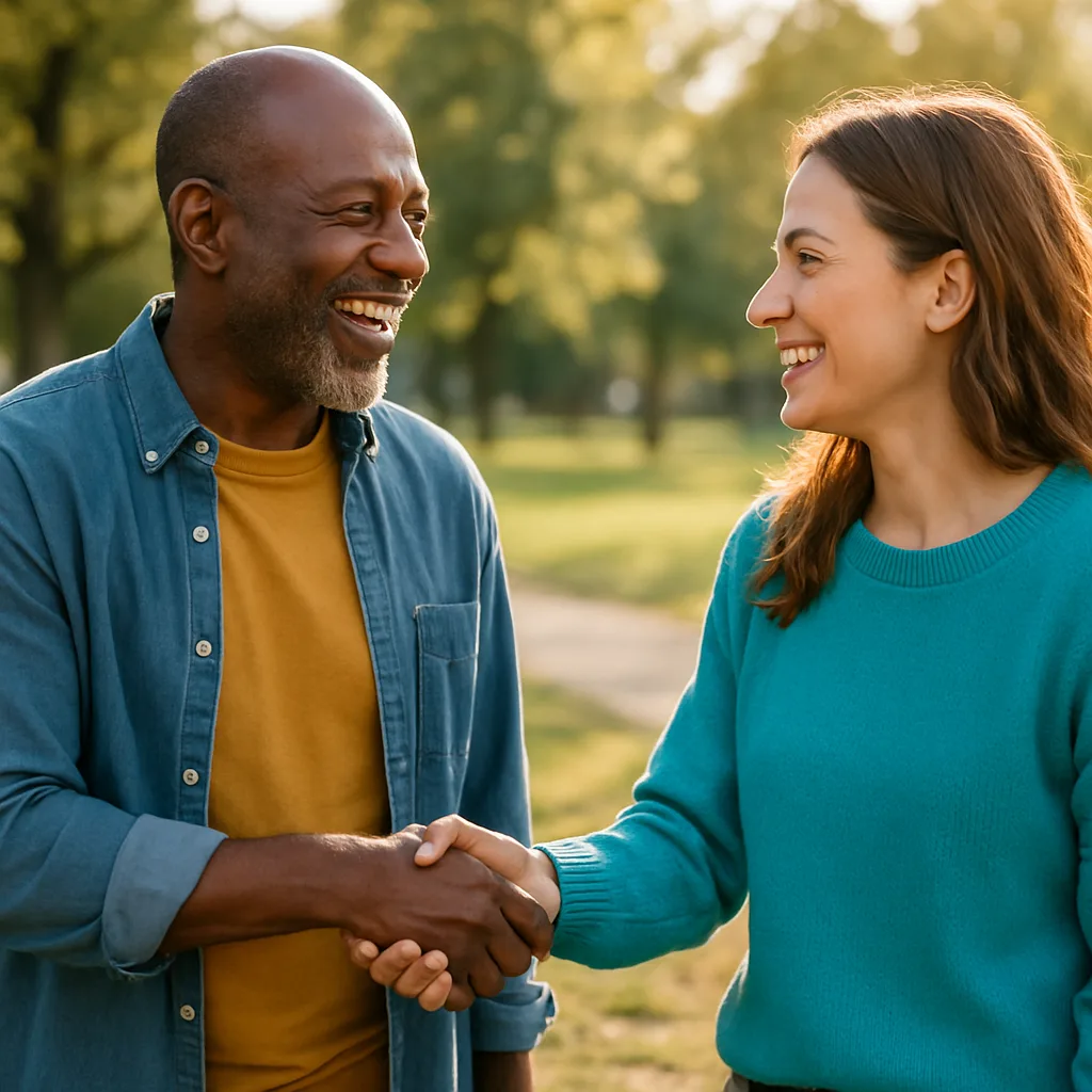 Two people meeting at a local park — genuinely local Cardiff dating