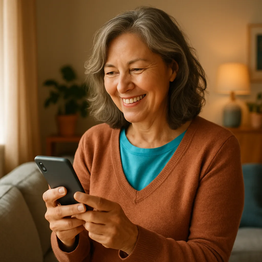 Smiling woman confidently checking her phone — verified profiles on The Cardiff Dating Site